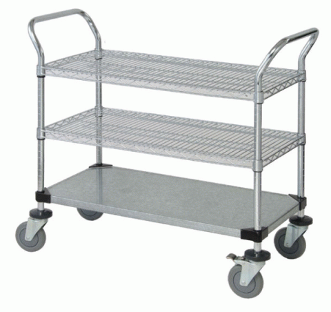 2 Wire & One Solid Shelf Mobile Utility Cart (3 Shelves) - Click Image to Close