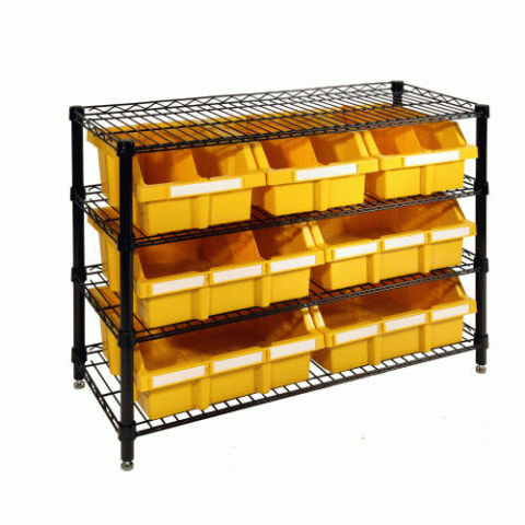 4-Shelf Commercial Bin Rack System - Black and bright yellow - Click Image to Close
